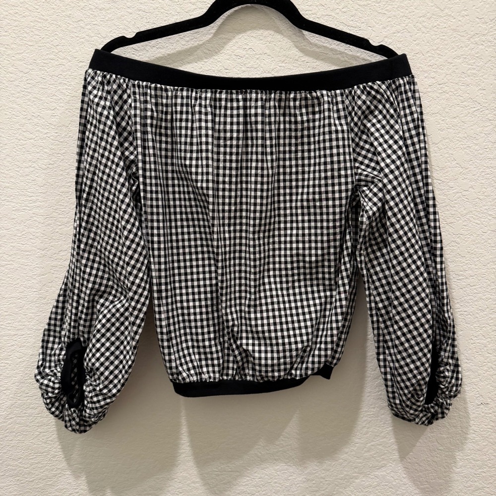 7 For All Mankind Womens Gingham Off Shoulder Puff Sleeve Blouse Black White XS